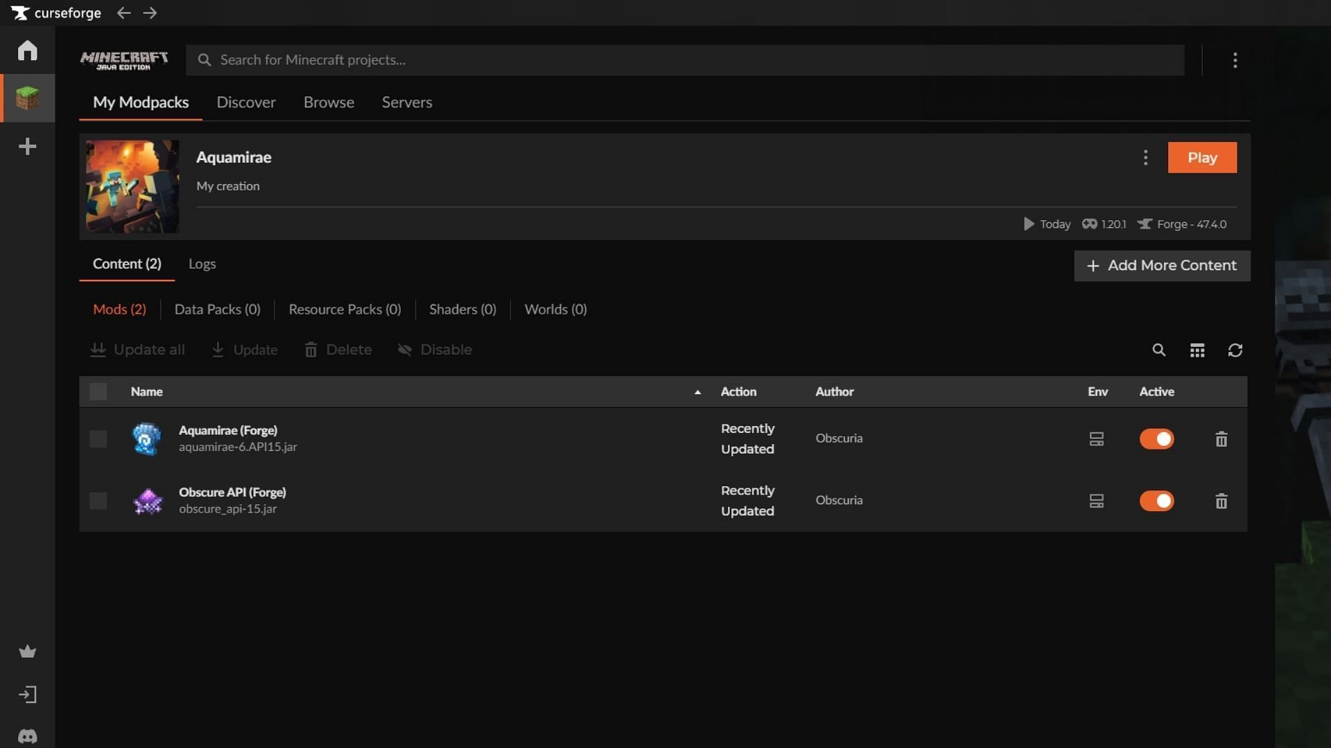 Use the Curseforge launcher to install the Minecraft Aquamirae mod (Image via Sportskeeda Gaming || Mojang Studios/Curseforge)